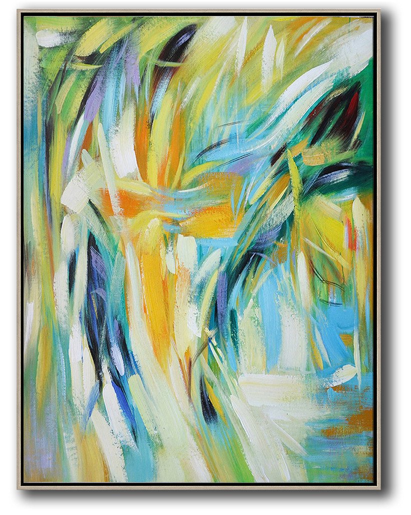 Original Artwork Extra Large Abstract Painting,Vertical Palette Knife Contemporary Art,Custom Canvas Wall Art,Green,White,Yellow,Blue.etc